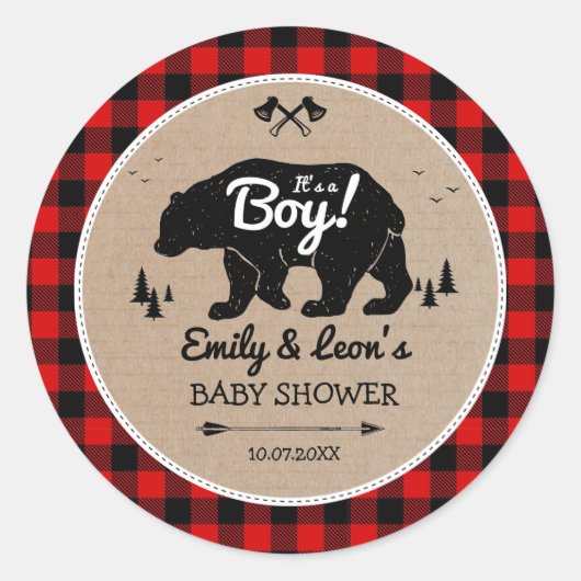 Sticker Rond Lumberjack Forest Bear Adventure Boy Baby shower (Devant)
