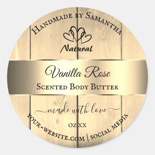 Sticker Rond Lumière d'or Grain de bois Brown Produit Coeurs Ét (Devant)