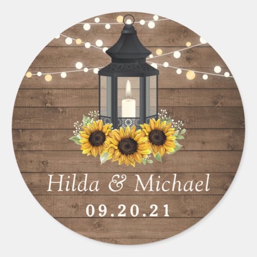 Sticker Rond Lumières à chaîne de tournesol en bois rustique (Devant)