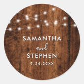 Sticker Rond Lumières à cordes rustiques et Mariage en bois (Devant)
