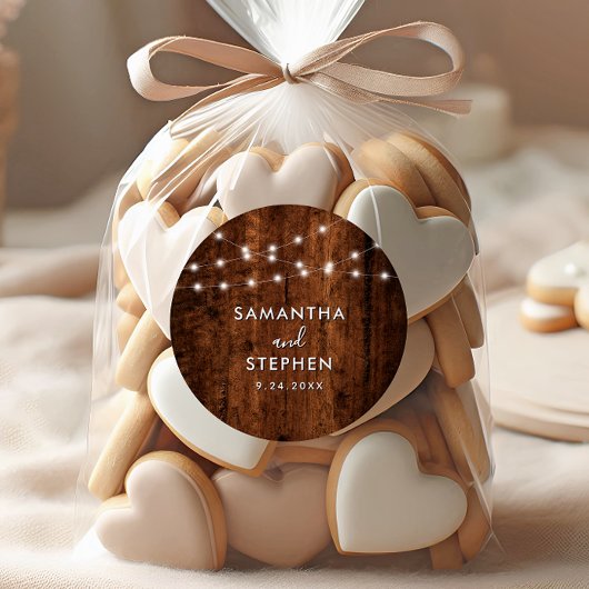 Sticker Rond Lumières à cordes rustiques et Mariage en bois