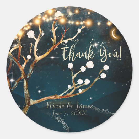 Sticker Rond Lumières d'arbre de soirée rustique Mariage de nui (Devant)