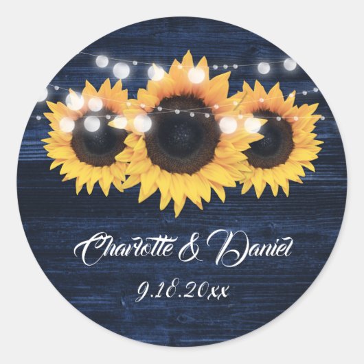Sticker Rond Lumières de Chaîne en Bois Bleu Marine Tournesol M (Devant)