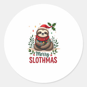 Sticker Rond Lumières de Noël de paresseux drôle Joyeux Slothma