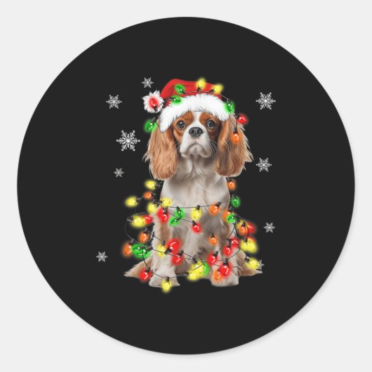 Sticker Rond Lumières de Noël du chien espagnol Cavalier King C (Devant)