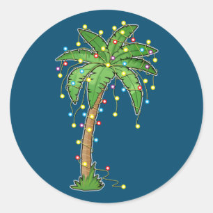 Sticker Rond Lumières de Noël Palm Tree Beach Funny Tropical