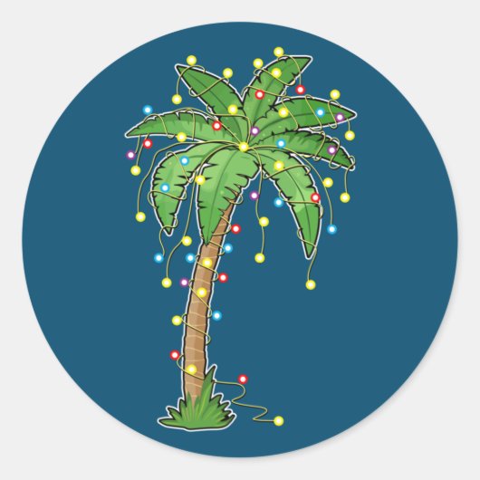 Sticker Rond Lumières de Noël Palm Tree Beach Funny Tropical (Devant)