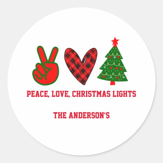 Sticker Rond Lumières de Noël personnalisées Amour Paix Vert Ro (Devant)