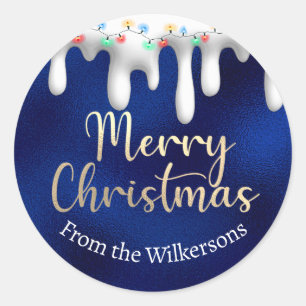 Sticker Rond Lumières de Noël sur fond de neige dorée et bleue