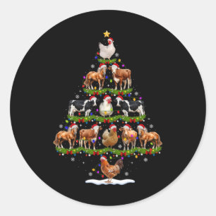 Sticker Rond Lumières de sapin de Noël animal poulet vache chèv