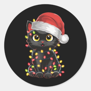 Sticker Rond Lumières de sapin de Noël de chat noir Drôle de ch