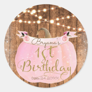 Sticker Rond Lumières en Bois Rustique Citrouille Rose Automne