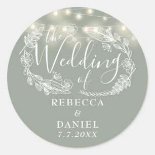 Sticker Rond Lumières Guirlande Florales Vert Sauge Mariage