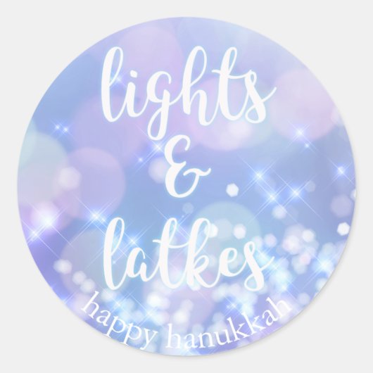 Sticker Rond Lumières & Latkes - Blue Sparkles Happy Hanoukka (Devant)