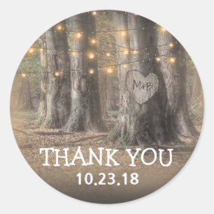 Sticker Rond Lumières Rustiques d'Arbre et de Guirlande Merci
