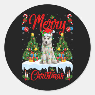 Sticker Rond Lumières Sapin de Noël Père Noël Chien Husky Sibér