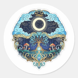 Sticker Rond Lune & Arbre de Vie Art Fantastique de Nuit