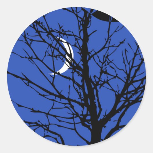 Sticker Rond Lune avec arbre, Bleu Cobalt, Noir et Blanc (Devant)