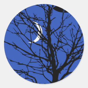 Sticker Rond Lune avec arbre, Bleu Cobalt, Noir et Blanc