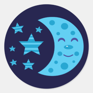 Sticker Rond Lune bleue et étoiles rayées