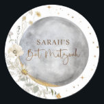 Sticker Rond Lune céleste, argent, Bat mitzvah blanc et or<br><div class="desc">Elégant autocollant Bat mitzvah de sceau de faveur et / ou enveloppe avec belle aquarelle lune céleste et étoiles design coordonnant notre invitation "Chic Celestial Argent, Blanc et Bat mitzvah d'or". Même design à l'arrière de l'invitation. Étoiles naines, phrase Bat mitzvah et détails de la lune de coin en fausse...</div>
