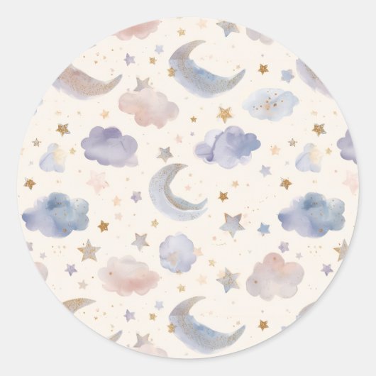 Sticker Rond Lune Céleste Étoiles Nuages Pastel Lavande (Devant)