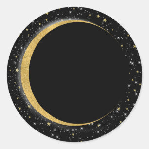 Sticker Rond Lune céleste noire et dorée, étoiles, nuit lunaire