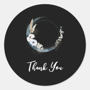 Sticker Rond Lune Croissant Bleu avec Merci Fleurs Blanches