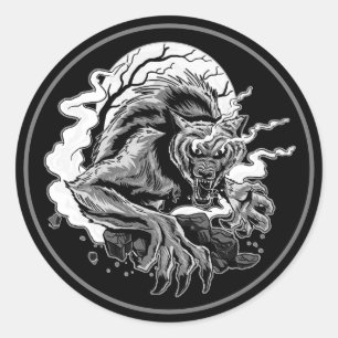 Sticker Rond Lune de loup-garou monochrome