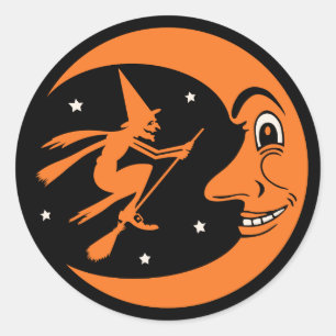 Sticker Rond Lune d'Halloween Vintage classique et sorcière