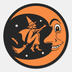 Sticker Rond Lune d'Halloween Vintage classique et sorcière