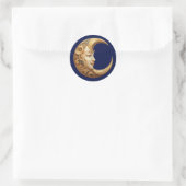 Sticker Rond Lune dorée ornée avec visage, céleste (Sac)