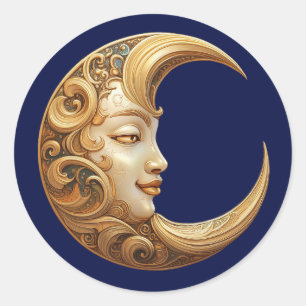 Sticker Rond Lune dorée ornée avec visage, céleste