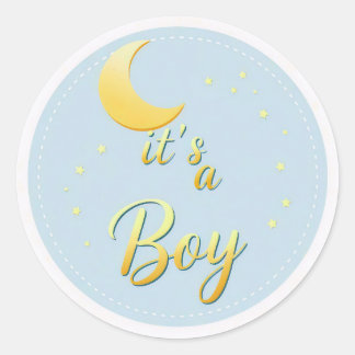 Sticker Rond Lune et Étoiles Bleu et Or C'est un Garçon Baby Sh