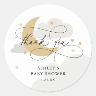 Sticker Rond Lune et étoiles Gris Script Baby shower Merci