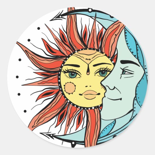 Sticker Rond Lune et soleil. illustration de tatouage de style (Devant)