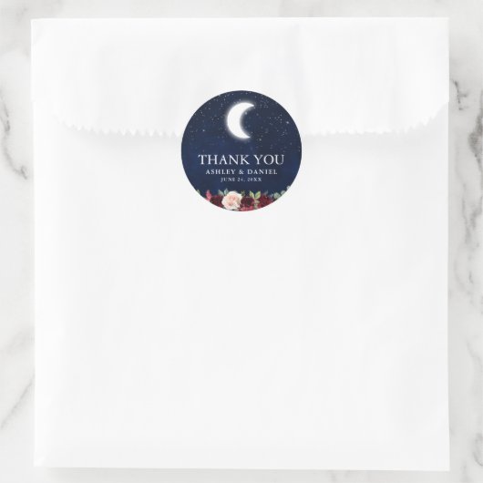 Sticker Rond Lune Étoiles Floral Merci Mariage Céleste (Sac)