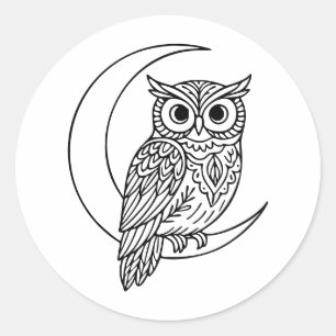 Sticker Rond Lune Hibou Ligne d'Art avec Croissant de Lune