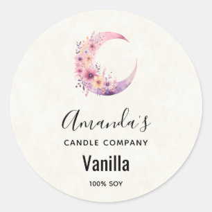 Sticker Rond Lune rose Croissant avec Fleurs Bougies