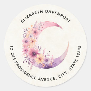 Sticker Rond Lune rose Croissant avec Jolie Fleurs Adresse