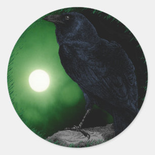 Sticker Rond Lune verte Corbeau noir Goth Halloween Animal