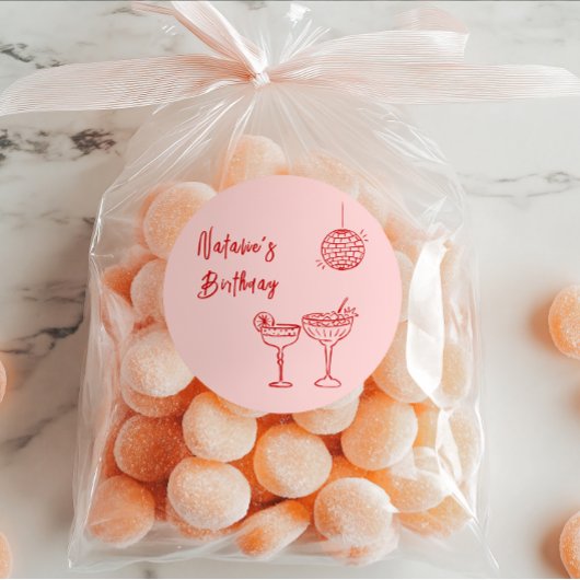 Sticker Rond Lunettes de Cocktail rose à la main Anniversaire