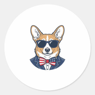 Sticker Rond Lunettes de soleil Corgi patriotiques Art vectorie