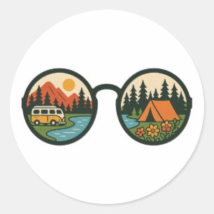 Sticker Rond Lunettes de soleil d'aventure de camping rétro Nat