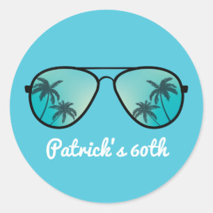 Sticker Rond Lunettes de soleil et palmiers bleus