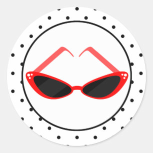 Sticker Rond Lunettes de soleil Retro Red Cat et Pois noirs