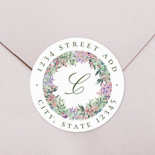 Sticker Rond Luscif Floral Wreath Monogramme Adresse de retour