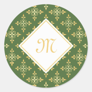 Sticker Rond Luxe Monogramme vert et or Quatre Floral