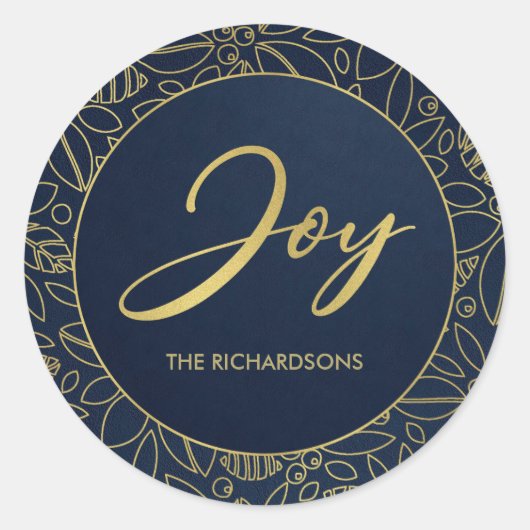 STICKER ROND LUXE NAVY GOLD HOLLY BERRIES CHRISTMAS JOY (Devant)