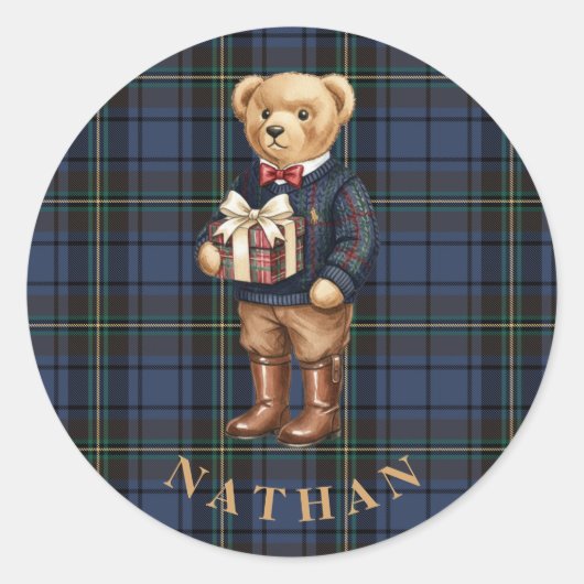 Sticker Rond Luxe Preppy Plaid Christmas Teddy Bear (Devant)